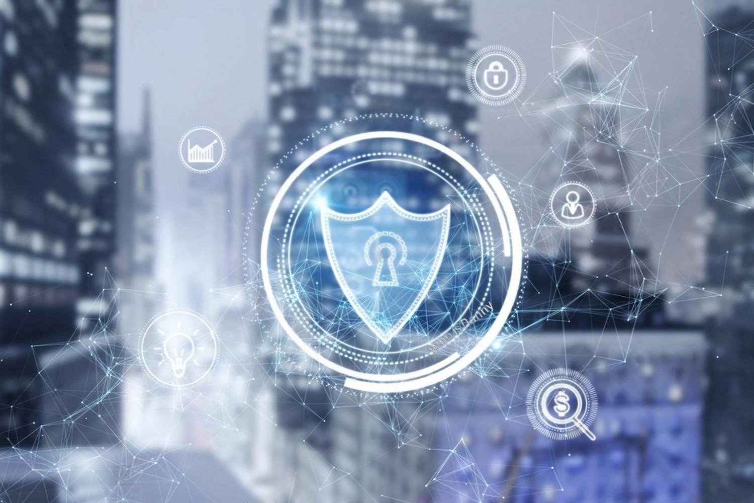 Digital shield and lock icons over a city skyline, representing Microsoft Azure security for UAE companies