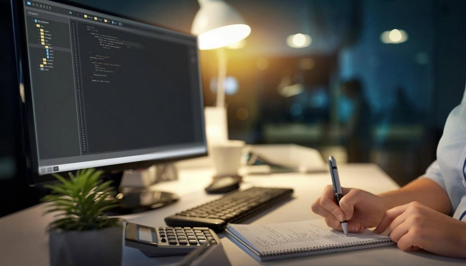 Developer writing code on a desktop while reviewing notes, illustrating Azure app development for UAE businesses